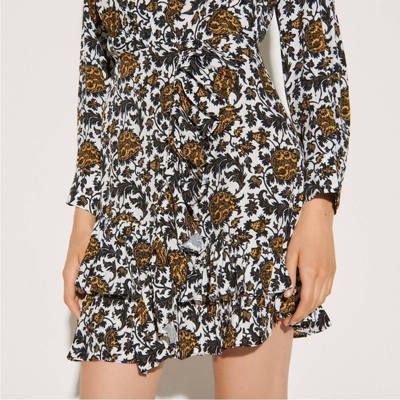 SANDRO Floral Print Long Sleeve V-Neck Faux Wrap Tiered Ruffle Mini Dress 6 - Picture 10 of 16